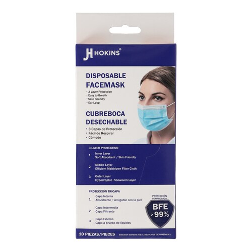 Caja Cubrebocas Hokins Termosellado Tricapa Desechable, 50 piezas, 5 prepack de 10 piezas cada uno, naranja