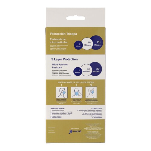 Caja Cubrebocas Hokins Termosellado Tricapa Desechable, 50 piezas, 5 prepack de 10 piezas cada uno, naranja