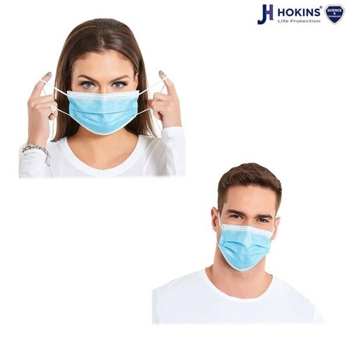 Caja Cubrebocas Hokins Termosellado Tricapa Desechable, 30 piezas color azul en 3 prepacks de 10 piezas cada uno
