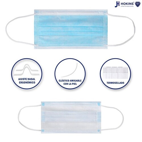 Caja Cubrebocas Hokins Termosellado Tricapa Desechable, 30 piezas color azul en 3 prepacks de 10 piezas cada uno