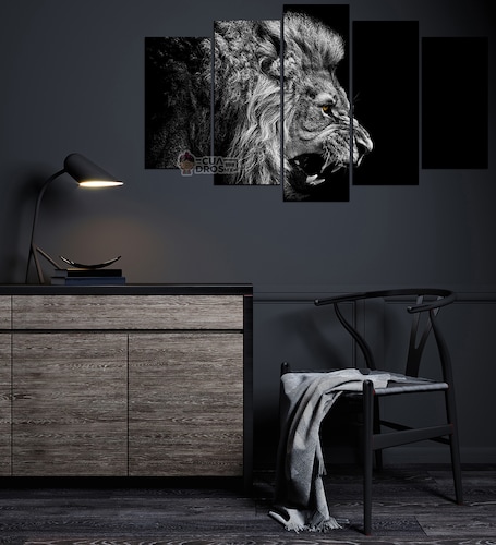 Cuadro Decorativo Leon Fondo Negro Feroz 100x60cm 5pzs Cuadros MX