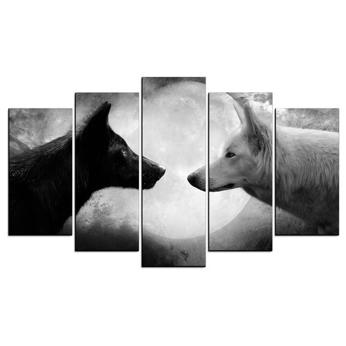 Cuadro Decorativo Lobos Blanco Y Negro Luna 100x60cm 5pzs Cuadros MX
