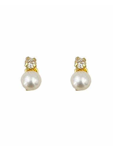 Broquel mini perla cultivada natural, con zirconia, ideal para niña Oro 10k - Mancini Joyas