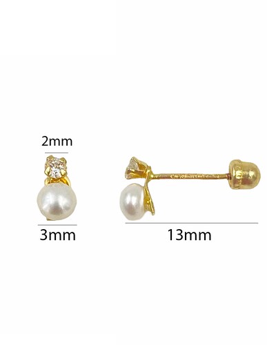 Broquel mini perla cultivada natural, con zirconia, ideal para niña Oro 10k - Mancini Joyas