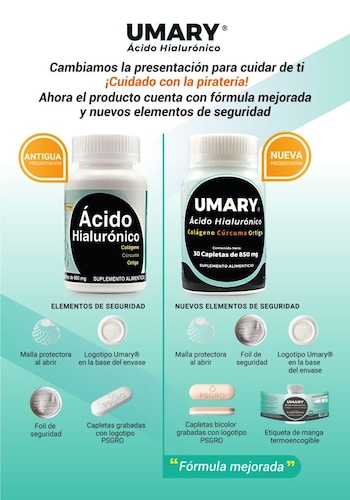 Ácido Hialuronico Colageno Cúrcuma Ortiga 30 Capletas UMARY 860 mg Original