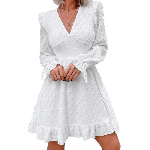 Vestido De Manga Con Volante De Cintura Fruncido Bajo De Peluche Talla M