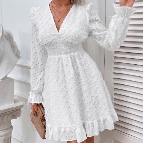 Vestido De Manga Con Volante De Cintura Fruncido Bajo De Peluche Talla M