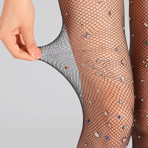 Medias De Malla Con Diseño De Diamante De Imitación Unitalla