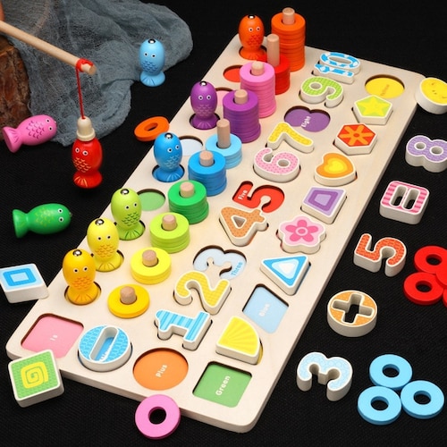 Tablero matemático 5 juegos en 1 con Juego de Pesca magnética, aros, números y formas Yuff!