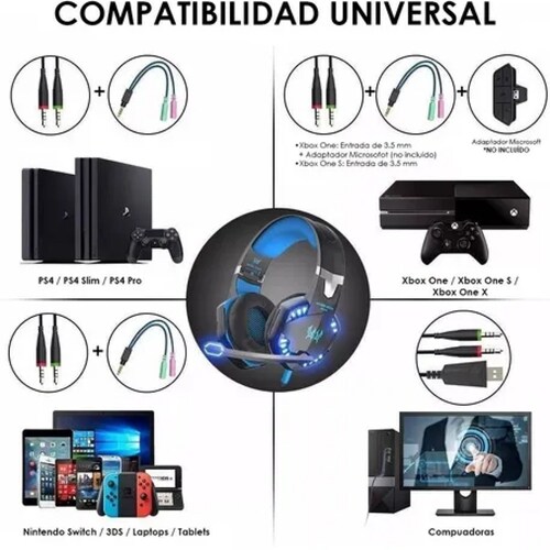 Audífonos gamer Kotion G2000 negro y azul con luz LED