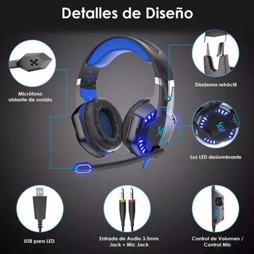 Audífonos gamer Kotion G2000 negro y azul con luz LED