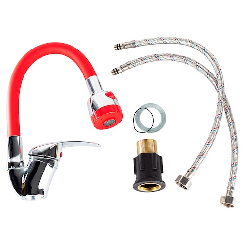 Mezcladora monomando de zinc con cuello flexible para fregadero de cocina.