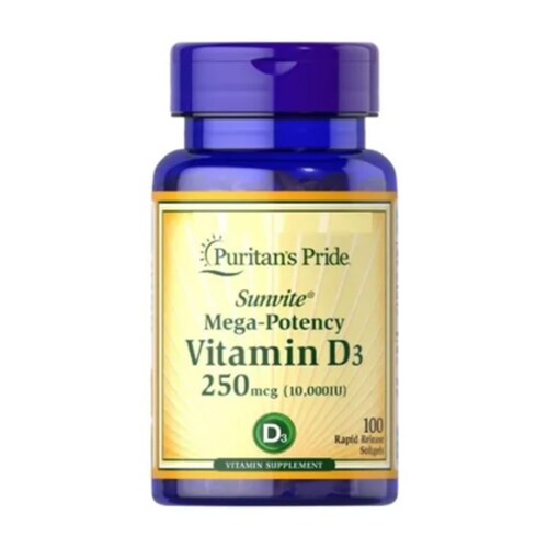 Vitamina D3 Sunvite Mega Potency 250mcg Puritans Pride 10,000iu 100ct Suplemento Natural 
