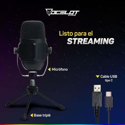 Microfono gaming para streaming usb tipo c, con base tipo tripie