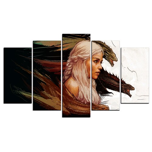 Cuadro Decorativo GOT Daenerys Targaryen Dragones Arte Digital 100x60cm 5pzs Cuadros MX