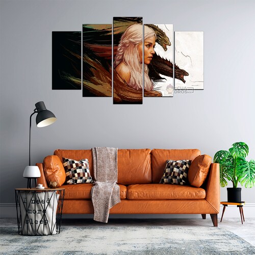 Cuadro Decorativo GOT Daenerys Targaryen Dragones Arte Digital 100x60cm 5pzs Cuadros MX