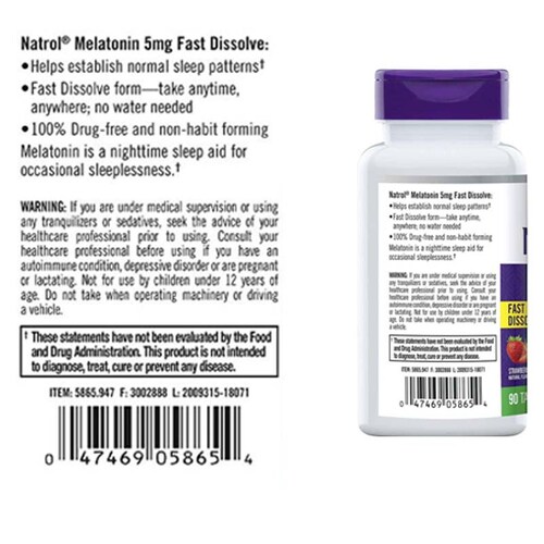 Natrol Suplemento de melatonina disolución rápida de Natrol 90 Tabletas de 5 mg Fresa 