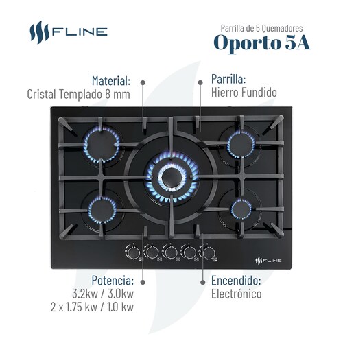 Parrilla de Gas Empotrable 5 Quemadores  Vidrio templado | Oporto 5A | FLINE