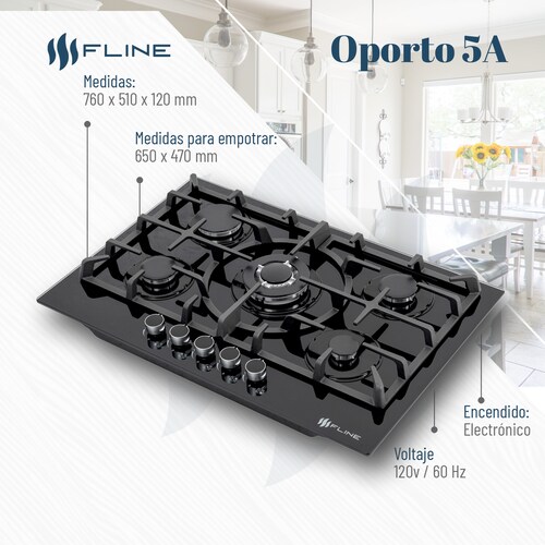 Parrilla de Gas Empotrable 5 Quemadores  Vidrio templado | Oporto 5A | FLINE