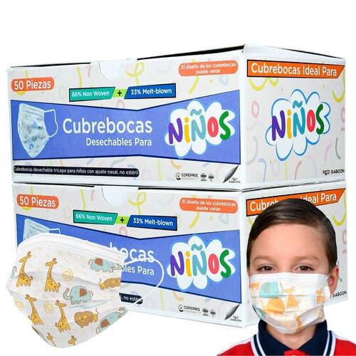 Cubrebocas Tricapa Infantil Termosellado Blanco con Diseño (100 Piezas) Red Baboon
