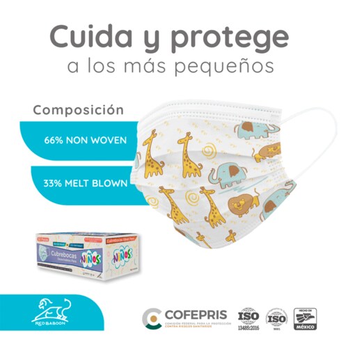 Cubrebocas Tricapa Infantil Termosellado Blanco con Diseño (100 Piezas) Red Baboon