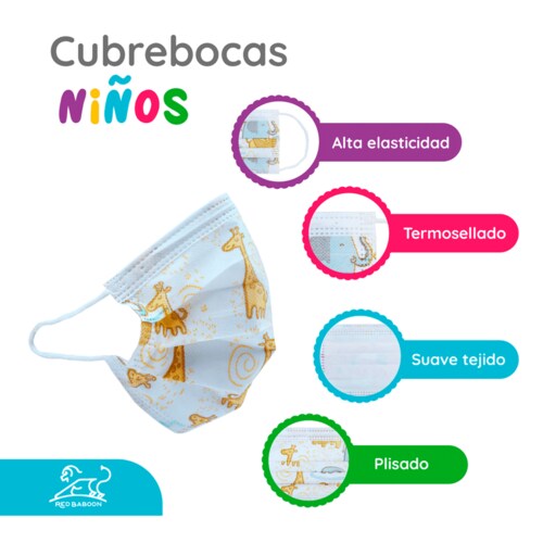 Cubrebocas Tricapa Infantil Termosellado Blanco con Diseño (100 Piezas) Red Baboon