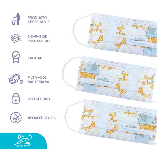 Cubrebocas Tricapa Infantil Termosellado Blanco con Diseño (100 Piezas) Red Baboon