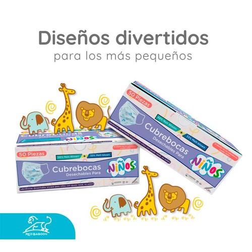 Cubrebocas Tricapa Infantil Termosellado Blanco con Diseño (100 Piezas) Red Baboon