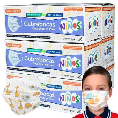 Cubrebocas Tricapa Infantil Termosellado Blanco con Diseño (300 Piezas) Red Baboon