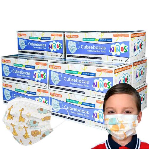 Cubrebocas Tricapa Infantil Termosellado Blanco con Diseño (500 Piezas) Red Baboon