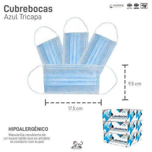 Cubrebocas Tricapa Termosellado Color Azul (300 Piezas) Red Baboon