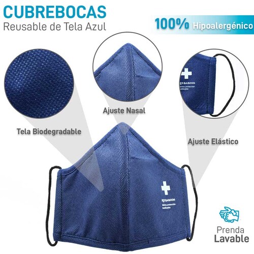 Cubrebocas de Tela Tricapa Reutilizable Color Azul (5 Piezas) Red Baboon