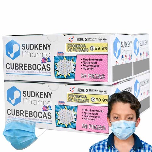 Cubrebocas Azules Tricapa Plisado Termosellado para Niños y Niñas Desechables KIDS SUDKENY PHARMA con 200 Pzas