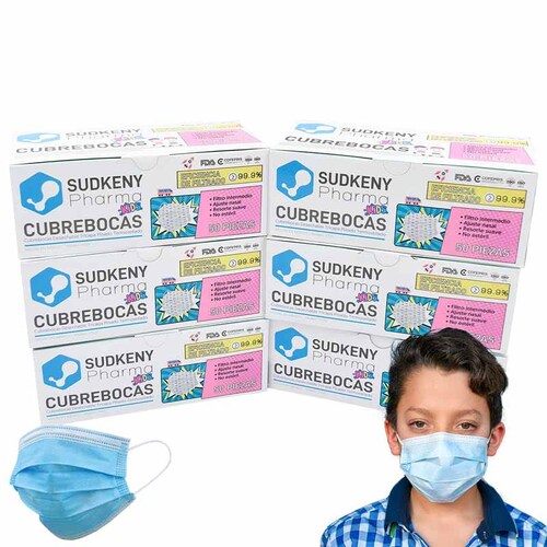Cubrebocas Triple Capa Termosellado Infantiles Azules para Niños Desechable KIDS SUDKENY PHARMA con 300 Pzas
