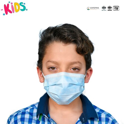 Cubrebocas Triple Capa Termosellado Infantiles Azules para Niños Desechable KIDS SUDKENY PHARMA con 300 Pzas