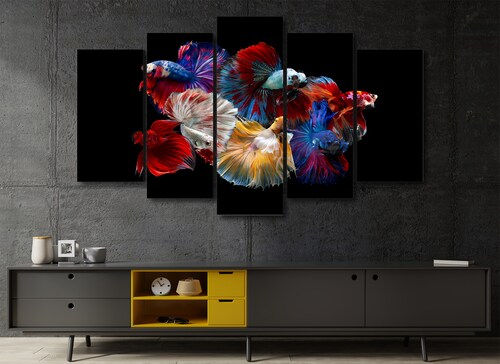 Cuadro Decorativo Animales Peces de Colores Fondo Negro100x60cm 5pzs Cuadros MX