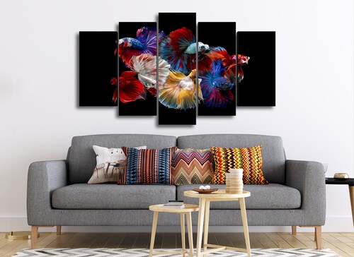 Cuadro Decorativo Animales Peces de Colores Fondo Negro100x60cm 5pzs Cuadros MX