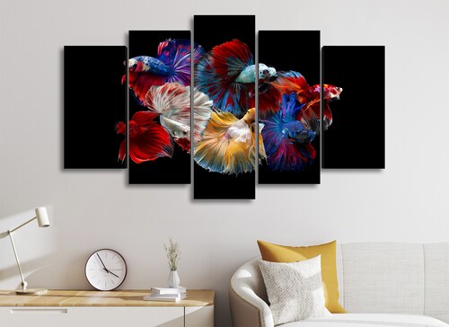 Cuadro Decorativo Animales Peces de Colores Fondo Negro100x60cm 5pzs Cuadros MX