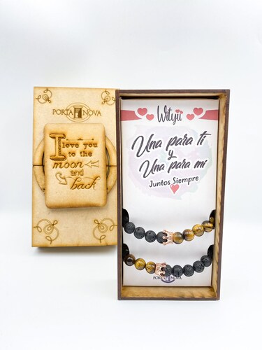 PULSERAS PARA PAREJA CORONA CON OJO DE TIGRE Y PIEDRA VOLCANICA