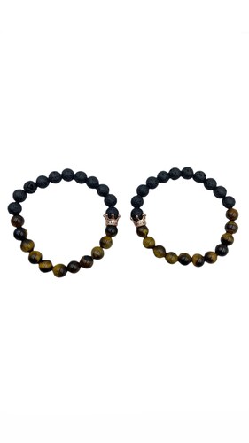 PULSERAS PARA PAREJA CORONA CON OJO DE TIGRE Y PIEDRA VOLCANICA