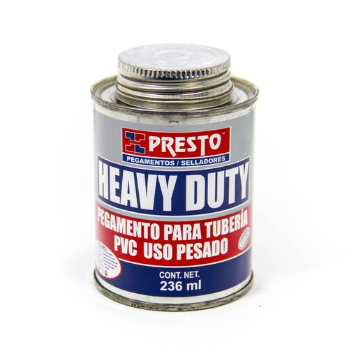 Pegamento para tuberia uso pesado color gris PVC heavy duty presto lata de 236 ml