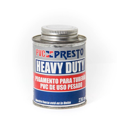 Pegamento para tuberia uso pesado color gris PVC heavy duty presto lata de 236 ml