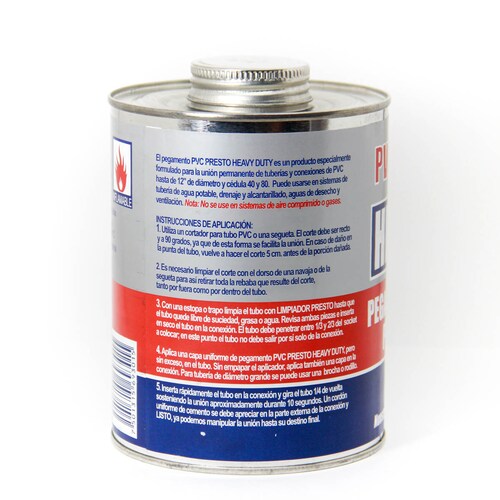 Pegamento para tuberia uso pesado color gris PVC heavy duty presto lata de 236 ml