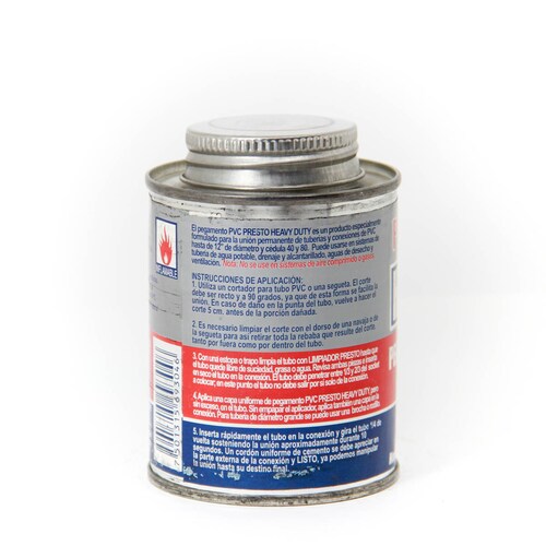 pegamento para tuberia uso pesado color gris PVC heavy duty presto lata de 118ml