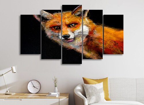 Cuadro Decorativo Animales Zorro Fondo Negro100x60cm 5pzs Cuadros MX