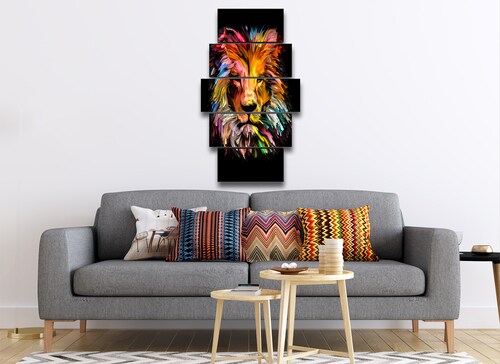 Cuadro Decorativo Animales Leon Multicolor Fondo Negro100x60cm 5pzs Cuadros MX