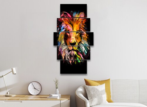 Cuadro Decorativo Animales Leon Multicolor Fondo Negro100x60cm 5pzs Cuadros MX