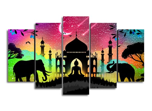 Cuadro Decorativo Animales Elefantes Buda Taj Mahal100x60cm 5pzs Cuadros MX