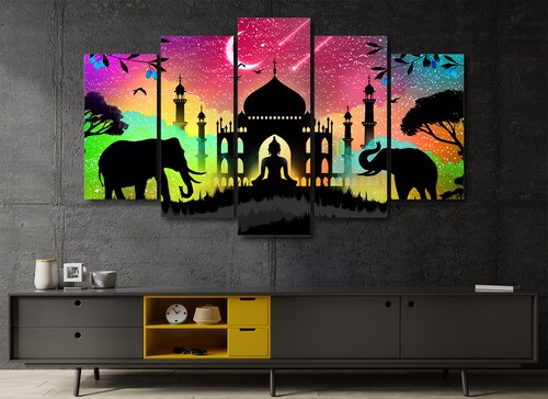 Cuadro Decorativo Animales Elefantes Buda Taj Mahal100x60cm 5pzs Cuadros MX