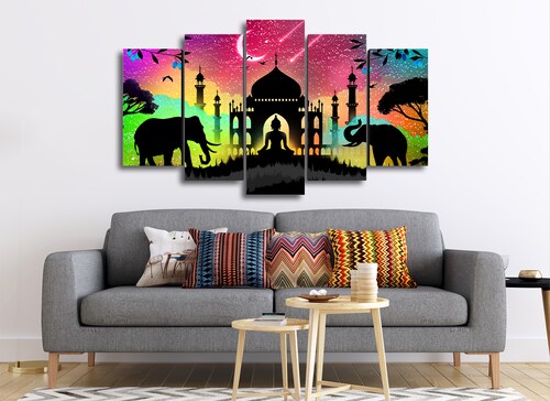 Cuadro Decorativo Animales Elefantes Buda Taj Mahal100x60cm 5pzs Cuadros MX